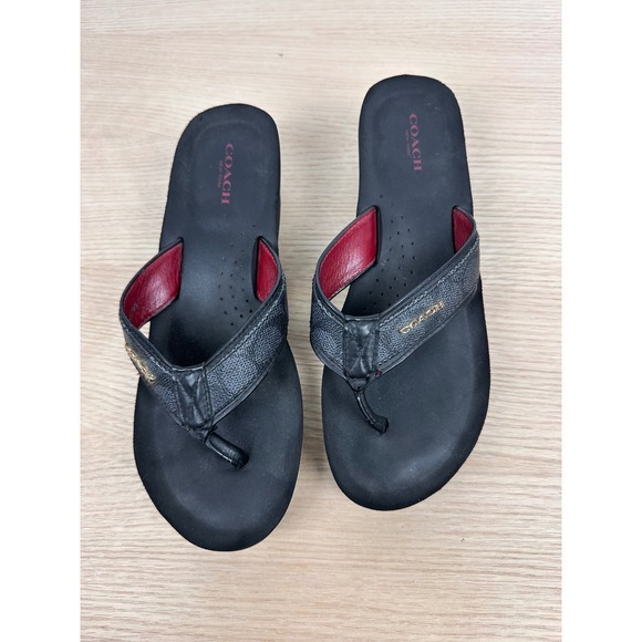 Coach Black Leather Wedge Thong Sandals Platform Flip Flops Women's 8 - Picture 2 of 8